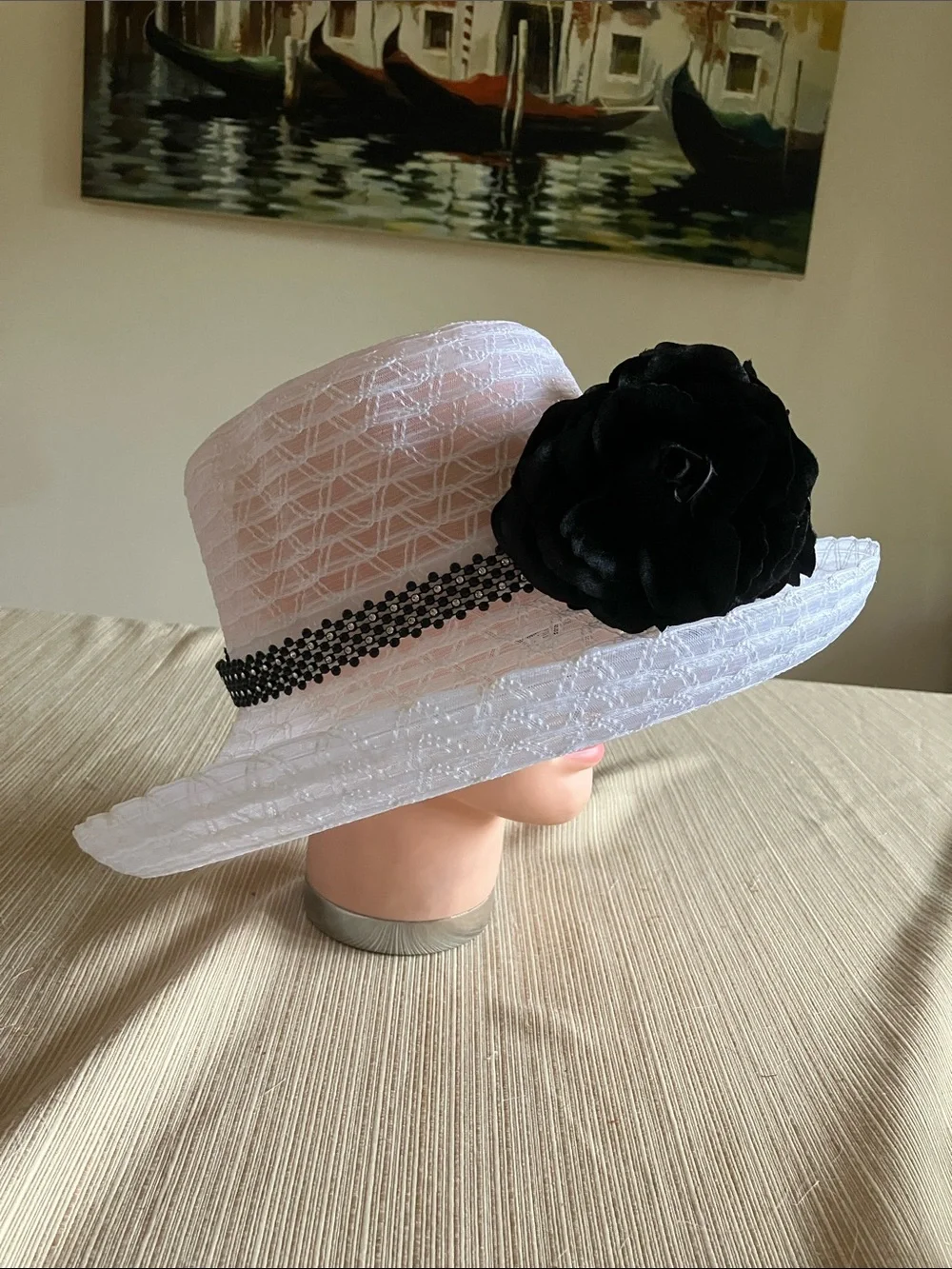 Elegant White Women's Dress Hat with Black Velvet Floral Accent